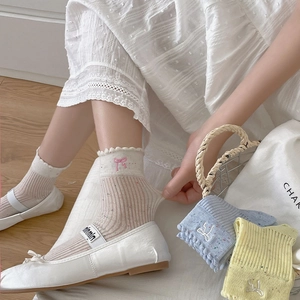 Detailansicht von Spitzensocken mit Schleifen und melierter Garnstruktur in Pastell