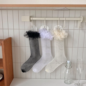 Lolita fishnet thigh high socks with lace trim in black, white, and beige colors