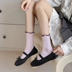 Pink mesh crew socks with ruffle trim and Mary Jane shoes in soft minimalist aesthetic
