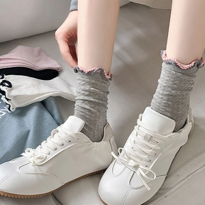 Women mesh knit crew socks with ruffled cuffs in grey pink black and white colors