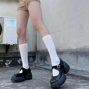 Detail of white knit calf socks with heart mesh pattern paired with black platform Mary Janes