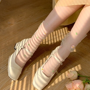 Detail of mesh socks with daisy embroidery, lace trim, and light Mary Jane shoes