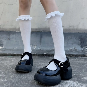 Lolita white mesh knee high socks with lace ruffles and black platform mary jane shoes