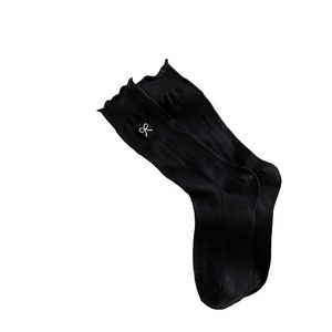 Women's black ballet style mid-calf socks with white bow embroidery and rib knit texture
