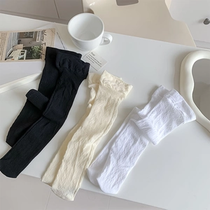 Japanese style lace hollow mesh calf socks in black, beige and white knit pattern
