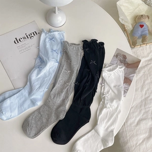 Balletcore bow tall socks with ruffled edges in white, black, grey and blue colors