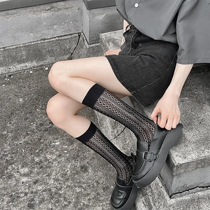 Black hollow lace calf socks with retro floral mesh pattern and Mary Jane shoes