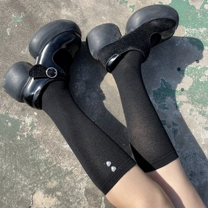 White Lolita calf socks with breathable mesh and black platform Mary Jane shoes