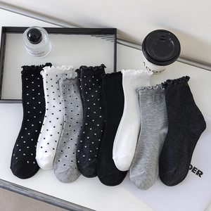 Detail of ruffle trim crew socks in polka dot and solid colors for student style