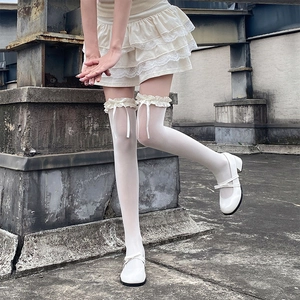 Chaussettes Hautes Lolita Avec Bordure En Dentelle À Volants Et Nœud En Nylon Satin Style Japonais JK Pour Femmes