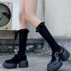 Lolita style black platform Mary Jane shoes with ruffled lace trim calf socks