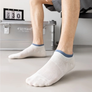 Macro detail of breathable mesh knit on white men's ankle socks with blue ribbed cuffs