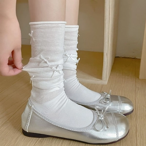 Women Bow Calf Socks Cotton Blend Breathable Knit Balletcore Sweet Style Japanese Ribbon Lolita Fashion