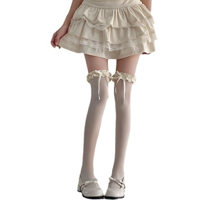 Chaussettes hautes style JK japonais avec dentelle et nœuds en ruban couleur abricot