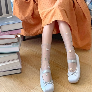 Close-up of summer sheer mesh socks with daisy embroidery paired with Mary Jane shoes