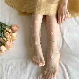 Detail of sheer mesh socks featuring delicate white daisy embroidery and floral textures