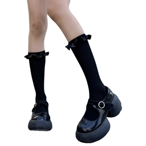 Black platform Mary Jane shoes with ruffled knee-high socks for Lolita school style