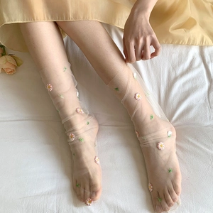 Women Mesh Crew Socks Ultra Thin Transparent Nylon Daisy Flower Embroidery Breathable Summer Fairy Style Sweet
