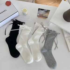 Women Cotton Ribbed Crew Socks With Satin Ribbon Bow Japanese JK Style Sweet Mid Calf Hosiery
