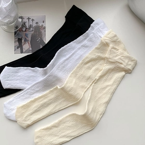 Detail of knitted lace patterns on black, white, and beige knee-high socks for women