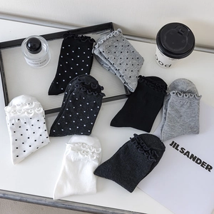 Japanese style ruffle trim socks in solid colors and polka dot patterns for women