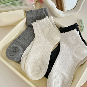 Detailed close-up of lace ruffle trim ankle socks with vertical knit texture and soft elastic