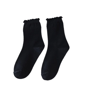 Japanese style black cotton crew socks with sweet ruffled edges for women in ballet style