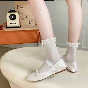Detail of white lace socks with pearls paired with satin ballet flats for a sweet style
