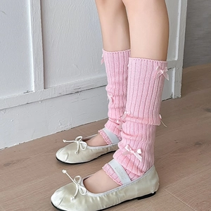 Pink Bowknot Leg Warmers Knitted Ribbed Footless Socks Sweet Japanese Balletcore Style For Women Girls