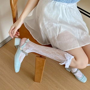 Damen Wadenstrümpfe Mit Spitze Und Samtschleife Süßer Lolita Stil Nylon Mesh Atmungsaktiv