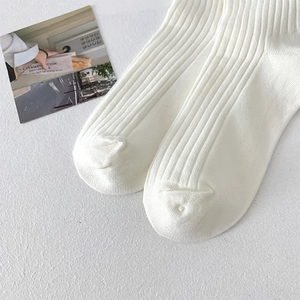 Detailed view of white ribbed knit crew socks with high-quality vertical texture