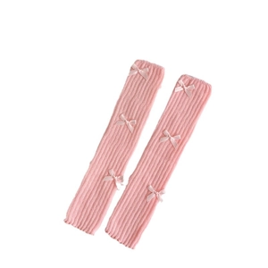 Pink ribbon bow leg warmers with vertical knit texture for Japanese balletcore style
