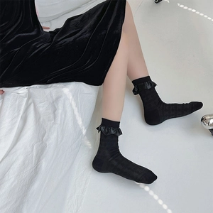 Detail showing black Lolita mid-calf socks with ruffle trim and textured jacquard patterns