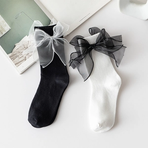 Chaussettes Mi-Mollet Femmes Coton Respirant Nœud En Organza Mesh Style Doux Lolita JK Mode Japonaise Harajuku