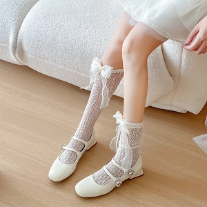 Chaussettes Mi-Mollet En Dentelle Pour Femmes Grand Noeud Décor Künstliche Perle Synthétique Respirant Style Lolita Japonais