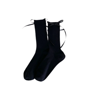 Sweet ballet style black calf socks with satin ribbons and vertical ribbing texture