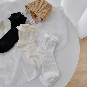 Detailed view of white and black Lolita frill socks with diamond weave texture