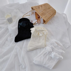 Detail of ruffle lace trim and diamond pattern texture on white and black socks