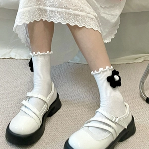 Women Mid-Calf Socks With 3D Handmade Crochet Flowers Ruffled Edge Sweet Lolita Style Cotton Blend Knitted