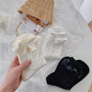 Detail of lace trim crew socks with satin bows and intricate floral pointelle pattern