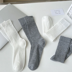 Détail de la maille côtelée des chaussettes mi-mollet blanches et grises épurées