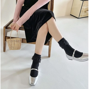 Chaussettes mi-mollet noires à dentelle, texture tricotée et chaussures Mary Jane argent