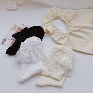 Vue détaillée de chaussettes japonaises avec bordure en dentelle et textures tricotées