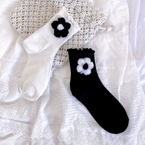 Mid-calf cotton socks with handmade 3D crochet flowers and ruffled edges in black and white
