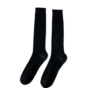 Vertical ribbed black calf socks for women, breathable cotton blend minimalist style