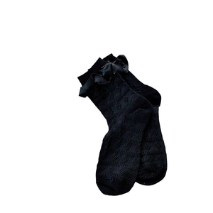 Sweet Lolita black crew socks with argyle knit pattern and satin ruffle ribbon trim