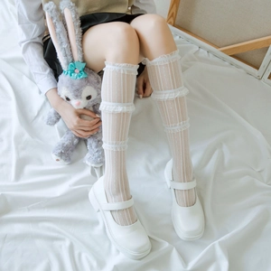 Calze Al Polpaccio Con Volant In Pizzo Da Donna Mesh Multistrato Righe Verticali Stile Lolita JK Giapponesi