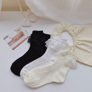 Chaussettes Mi-Mollet Pour Femmes Avec Bordure En Dentelle Motif Tricot Ondulé Style Lolita Doux Japonais Rétro Respirant