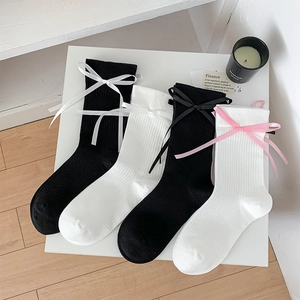 Chaussettes Mi-Mollet Femmes Coton Côtelé Noeud Ruban Style Lolita JK Japonais Doux Filles Bonneterie