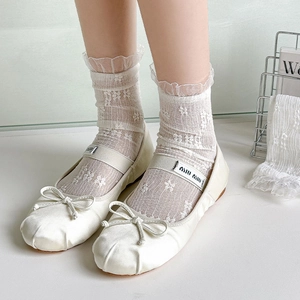 Close-up of white lace floral socks with frilled edges paired with ballet flats
